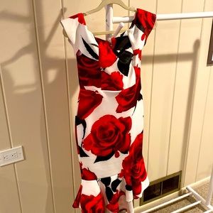 Cream/red/black flower print dress with mermaid type hem.